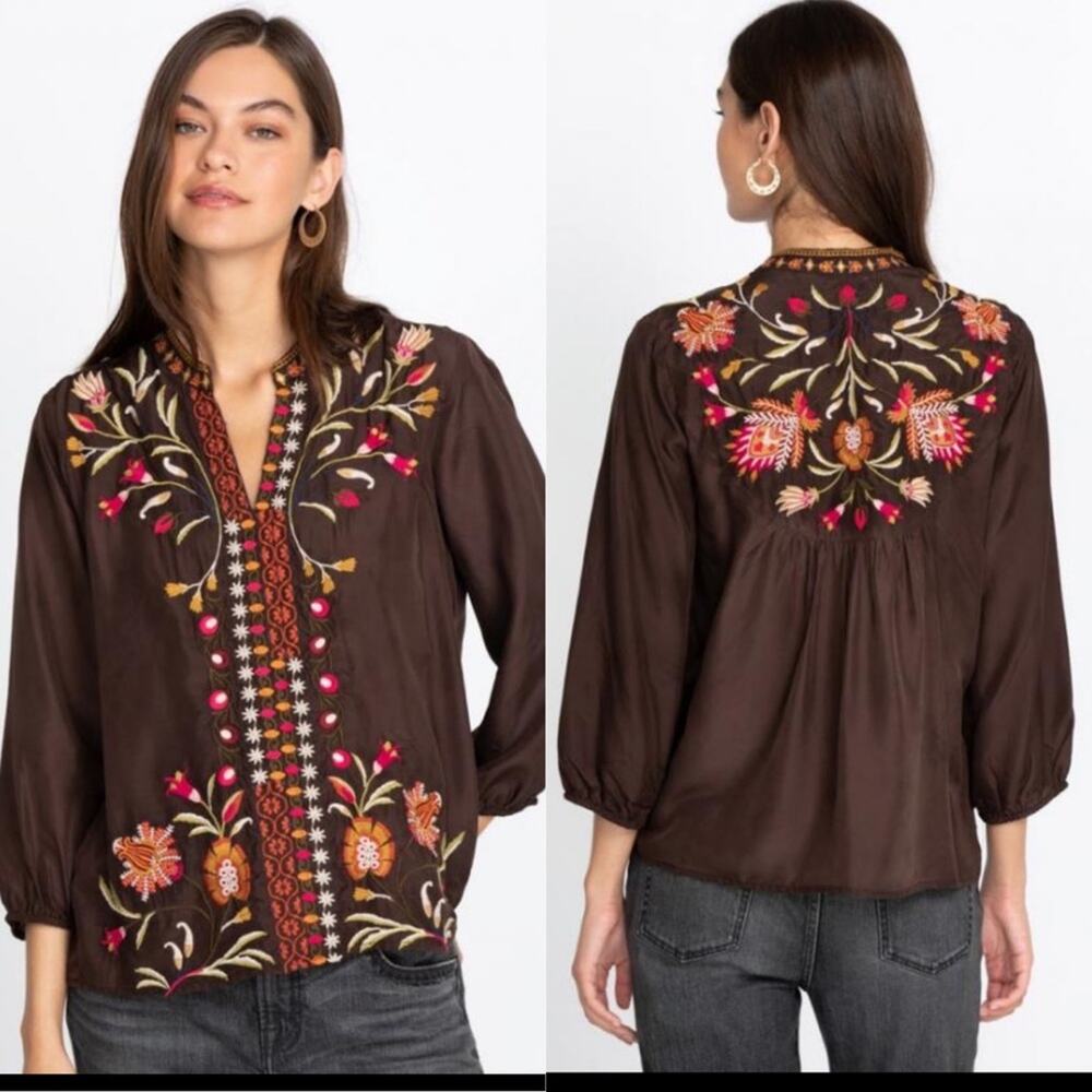 NWT Johnny Was Blouse Tunic Top Brown Rosalva Effortless Floral Embroidered NEW